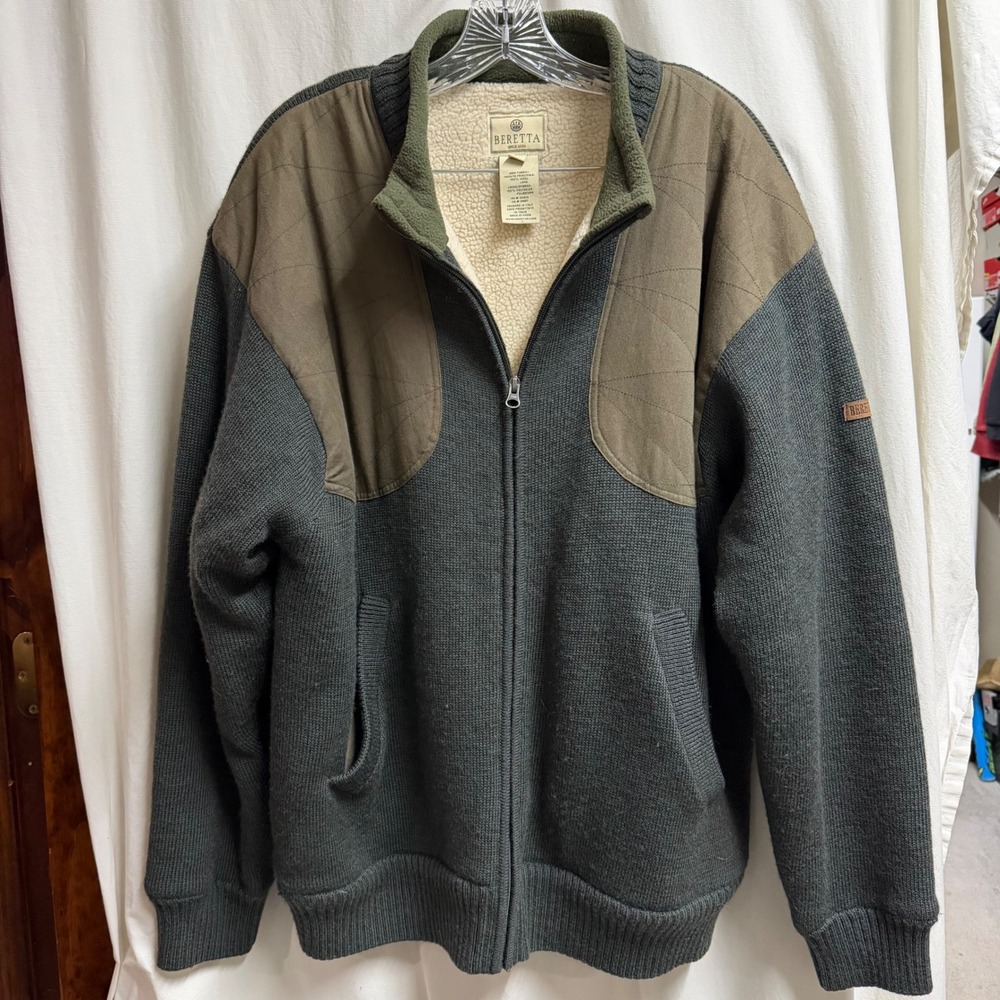 Beretta Mens XL Full Zip Wool Sweater Jacket Sherpa Lined Hunting Green Italy